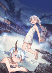 Rule 34 | 2girls, :d, architecture, bad id, bad pixiv id, barefoot, braid, building, cloud, collarbone, colored eyelashes, dutch angle, earrings, east asian architecture, artistic error, eyelashes, fang, from behind, grey hair, highres, horns, jewelry, lantern, long hair, looking at viewer, looking back, multiple girls, naked towel, night, oni, oni horns, onsen, open hand, open mouth, original, outdoors, outstretched hand, pointy ears, red eyes, rock, shichigatsu, short hair, single earring, sky, slit pupils, smile, soles, splashing, standing, standing on one leg, steam, toes, towel, tree, twin braids, twintails, wading, water, white hair, wrong foot