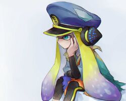 Rule 34 | 1girl, agent 3 (splatoon), black headphones, black shorts, blonde hair, blue eyes, blue hat, blue shirt, cloak, closed mouth, commentary request, cowboy shot, from side, gradient hair, hand on own cheek, hand on own face, hat, head rest, headphones, inkling, invisible chair, layered shirt, long hair, long sleeves, military hat, multicolored cloak, multicolored hair, nintendo, ot rihto, peaked cap, purple hair, shirt, shorts, sitting, solo, splatoon (series), splatoon 3, tentacle hair, torn cloak, torn clothes, twintails, two-tone hair, very long hair, white background