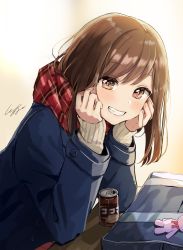 Rule 34 | 1girl, absurdres, bag, blue jacket, blush, brown eyes, brown hair, can, canned coffee, commentary request, drink can, enpera, head rest, highres, jacket, long hair, long sleeves, looking at viewer, original, plaid, plaid scarf, pomu (joynet), red scarf, scarf, school bag, signature, sleeves past wrists, solo