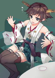 Rule 34 | 10s, 1girl, :o, bare shoulders, blue eyes, brown hair, couch, cross-laced clothes, cross-laced legwear, cup, flat chest, flying sweatdrops, frills, from side, full body, grey hair, grey thighhighs, headgear, hiei (kancolle), highres, japanese clothes, kantai collection, looking down, no legwear, nontraditional miko, open mouth, plaid, plaid skirt, pleated skirt, raised eyebrows, ribbon-trimmed sleeves, ribbon trim, sarashi, saucer, short hair, simple background, sitting, skirt, solo, spill, surprised, surprised arms, table, tassel, teacup, tears, thighhighs, tsubasa19900920, wakamezake, wet, wide sleeves, zettai ryouiki