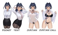 Rule 34 | 1girl, absurdres, black bra, black panties, black skirt, blue eyes, blue hair, blush, bra, breasts, cleavage, cropped legs, curtain call challenge (meme), highres, hololive, hololive english, large breasts, meme, navel, necktie, office lady, otapic, ouro kronii, panties, pantyhose, see-through, shirt tucked in, simple background, skirt, smile, unbuttoned, underwear, undone necktie, undressing, virtual youtuber, white background