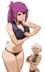 Rule 34 | 2girls, abs, airisubaka, annoyed, arm under breasts, artist name, bare arms, bare shoulders, breasts, brown eyes, cleavage, collarbone, commentary, english commentary, highres, inconvenient breasts, large breasts, leah (airisubaka), leona (airisubaka), light brown hair, long sleeves, multiple girls, muscular, muscular female, navel, original, panties, ponytail, purple hair, signature, sports bra, tan, tanline, thighs, two-tone sports bra, underwear