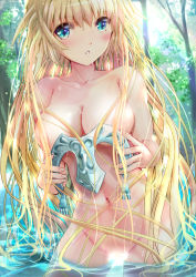 Rule 34 | 1girl, :o, absurdres, bathing, blue eyes, blush, breasts, collarbone, completely nude, contrapposto, convenient censoring, day, fate/apocrypha, fate (series), fingernails, forest, headpiece, headpiece removed, highres, holding, jeanne d&#039;arc (fate), jeanne d&#039;arc (ruler) (fate), large breasts, long hair, looking at viewer, multicolored eyes, nature, navel, nude, ogata tei, outdoors, parted lips, river, solo, standing, tree, very long hair, wading, wet