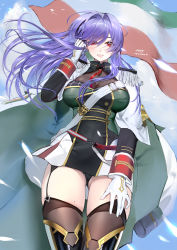 Rule 34 | 1girl, :d, adjusting hair, au11, azur lane, blue sky, breasts, cape, capelet, cleavage, cloak, cloud, collared shirt, day, epaulettes, flag, garter straps, gloves, hair lift, highres, italian flag, large breasts, long hair, looking at viewer, military, military uniform, mole, mole on thigh, multicolored cloak, open mouth, purple hair, red eyes, red neckwear, see-through, shirt, sky, smile, thighhighs, thighs, trento (azur lane), two-sided cloak, two-sided fabric, uniform, upskirt, white gloves