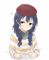 Rule 34 | 1girl, alternate hairstyle, bad id, bad pixiv id, blue hair, blush, braid, commentary request, hair between eyes, hat, long hair, looking at viewer, love live!, love live! school idol festival, love live! school idol project, multiple braids, parted lips, shirt, simple background, solo, sonoda umi, striped clothes, striped shirt, totoki86, twin braids, white background, yellow eyes