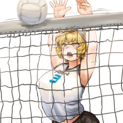 Rule 34 | 1girl, action, alternate costume, animal ears, armpits, arms up, ball, black shorts, blonde hair, breasts, chanta (ayatakaoisii), covered erect nipples, focused, fox ears, highres, hip focus, huge breasts, midriff, motion blur, open mouth, playing sports, shirt, short hair, shorts, simple background, sleeveless, sleeveless shirt, solo, sportswear, teeth, tongue, touhou, upper body, volleyball, volleyball (object), volleyball net, volleyball uniform, white background, white shirt, yakumo ran, yellow eyes