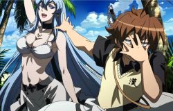 Rule 34 | 10s, 1boy, 1girl, akame ga kill!, blue hair, bra, breasts, cleavage, cloud, esdeath, highres, large breasts, long hair, navel, open mouth, rejection, square enix, stitched, tatsumi (akame ga kill!), third-party edit, underwear