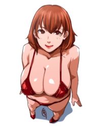 Rule 34 | 1girl, bikini, breasts, brown eyes, brown hair, from above, ganto, huge breasts, lips, looking at viewer, original, short hair, simple background, smile, solo, swimsuit, white background