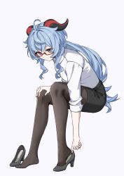 Rule 34 | 1girl, absurdres, ahoge, alternate costume, black footwear, black pantyhose, black skirt, blue hair, closed mouth, collared shirt, ganyu (genshin impact), genshin impact, glasses, high heels, highres, horns, invisible chair, man ge, office lady, pantyhose, pencil skirt, ponytail, purple eyes, putting on shoes, red-framed eyewear, shirt, shirt tucked in, simple background, sitting, skirt, smile, solo, white background, white shirt