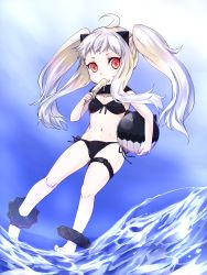 Rule 34 | 10s, 1girl, abyssal ship, ahoge, bikini, food, horns, kantai collection, kyougoku touya, long hair, northern ocean princess, pale skin, popsicle, red eyes, single horn, solo, swimsuit, thigh strap, twintails, white hair