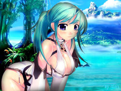 Rule 34 | 1girl, artist request, blue eyes, blue hair, blush, breasts, character request, cleavage, copyright request, dress, forest, large breasts, long hair, looking at viewer, mountain, nature, ocean, open clothes, open dress, panties, plant, ponytail, smile, source request, thighhighs, tree, underwear, water, white dress, white panties
