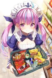 Rule 34 | 1girl, ahoge, anchor symbol, basket, blush, bow, bowtie, braid, breasts, chips (food), closed mouth, convenience store, cup ramen, drill hair, drink, energy drink, food, from above, hair ribbon, hands up, highres, holding, hololive, long hair, looking at viewer, maid headdress, medium breasts, minato aqua, minato aqua (1st costume), nail polish, nissin raoh, potato chips, ramune, red bull, ribbon, sailor collar, shelf, shop, shopping basket, short sleeves, side braid, smile, snack, solo, summer tail720, twintails, virtual youtuber, wrist cuffs