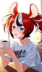 Rule 34 | 1girl, alternate costume, animal ears, black hair, blue eyes, blush, clothes writing, coffee mug, corsetman, cup, drooling, hakos baelz, highres, holding, holding cup, hololive, hololive english, long hair, looking at viewer, mouse ears, mouse girl, mouth drool, mug, multicolored hair, open mouth, red hair, shirt, solo, streaked hair, twintails, virtual youtuber, white hair, white shirt