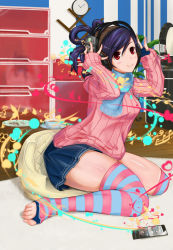 Rule 34 | 1girl, barefoot, beamed quavers, blue scarf, blue thighhighs, feet, fingerless gloves, gloves, headphones, leg warmers, long sleeves, looking at viewer, multicolored clothes, multicolored legwear, musical note, nora7, nora (nora7), original, patterned legwear, pink thighhighs, quaver, scarf, sitting, socks, solo, striped clothes, striped socks, striped thighhighs, thighhighs, toeless legwear, toes, treble clef, two-tone stripes