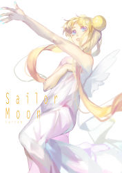 Rule 34 | 1girl, absurdres, bare shoulders, bishoujo senshi sailor moon, blonde hair, blue eyes, copyright name, double bun, fe (sakura), highres, long hair, lying, open mouth, outstretched arm, princess serenity, solo, tsukino usagi, twintails, very long hair, white background