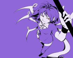 Rule 34 | 1girl, asymmetrical wings, female focus, from above, houjuu nue, misopanne, monochrome, purple background, purple theme, red eyes, short hair, smirk, solo, spot color, thighhighs, touhou, wings