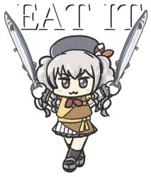 Rule 34 | 1girl, adapted costume, apron, beret, black hat, chibi, crossed legs, ferretsan7, fish, frilled sleeves, frills, full body, grey eyes, grey hair, hat, kantai collection, kashima (kancolle), multicolored apron, parody, saury, sidelocks, skirt, solo, standing, this is it, transparent background, twintails, wavy hair, white skirt, yellow apron