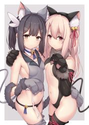 Rule 34 | 2girls, animal ear fluff, animal ears, animal hands, arata (xin), asymmetrical docking, bare shoulders, bell, black hair, black leotard, blonde hair, blush, border, breast press, breasts, brown eyes, cat ears, cat tail, center opening, closed mouth, commentary, crop top, elbow gloves, fate/kaleid liner prisma illya, fate (series), feather hair ornament, feathers, gloves, grey background, hair ornament, highres, illyasviel von einzbern, jingle bell, leotard, light smile, long hair, looking at viewer, miyu edelfelt, multiple girls, navel, official alternate costume, panties, paw gloves, red eyes, revision, small breasts, tail, thighhighs, thighs, twintails, underwear, white border