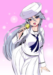 Rule 34 | 10s, 1girl, blouse, blue eyes, blue neckerchief, commentary request, cowboy shot, dixie cup hat, eyes visible through hair, flint (girls und panzer), girls und panzer, gradient background, grey hair, hat, highres, holding, holding microphone, kumoi takashi, leaning to the side, long hair, long skirt, long sleeves, looking at viewer, microphone, military hat, neckerchief, ooarai naval school uniform, open mouth, pinky out, pleated skirt, purple background, sailor collar, school uniform, shirt, skirt, smile, solo, standing, white hat, white shirt, white skirt