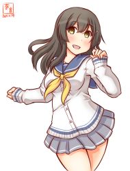 Rule 34 | 1girl, alternate costume, artist logo, black hair, blue sailor collar, breasts, cardigan, cosplay, cowboy shot, dated, gloves, grey eyes, grey skirt, hair between eyes, hair ornament, hairclip, hamakaze (kancolle), hamakaze (kancolle) (cosplay), kanon (kurogane knights), kantai collection, looking at viewer, neckerchief, one-hour drawing challenge, open mouth, oyashio (kancolle), pleated skirt, sailor collar, school uniform, serafuku, simple background, skirt, small breasts, solo, white background, white cardigan, white gloves, yellow neckerchief