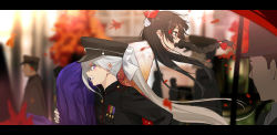 Rule 34 | 2girls, angry, black hair, black hat, blue eyes, blurry, blurry background, bow, braid, buttons, carrying over shoulder, clenched teeth, commentary, glasses, gloves, grey hair, hair bow, hair over shoulder, hakama, hakama short skirt, hakama skirt, hat, highres, higuchi kaede, higuchi kaede (8th costume), isshiki (ffmania7), japanese clothes, kimono, leaf, letterboxed, long hair, maple leaf, military, military hat, military uniform, multiple girls, nijisanji, open mouth, ponytail, purple eyes, red bow, running, single braid, skirt, symbol-only commentary, teeth, tsukino mito, tsukino mito (4th costume), uniform, upper teeth only, very long hair, virtual youtuber, white bow, white gloves