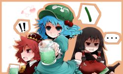 Rule 34 | !, !!, ..., 3girls, arano oki, bare shoulders, black hair, blouse, blue eyes, blue hair, blush, border, bottle, bow, breasts, bubble, cucumber, cup, detached sleeves, drunk, female focus, giving, hair bobbles, hair ornament, hair tubes, hat, heart, high collar, kawashiro mitori, kawashiro nitori, large breasts, lock, long hair, long sleeves, looking at viewer, looking down, mug, multiple girls, open mouth, original, outline, outstretched arm, pocket, pov, profile, red eyes, red hair, sendai hakurei no miko, shirt, short hair, simple background, smile, speech bubble, squeans, sweatdrop, touhou, white background