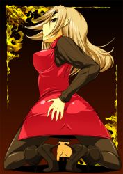 Rule 34 | 1girl, arched back, ass, ass grab, blonde hair, boots, breasts, brown pantyhose, castlevania: dawn of sorrow, castlevania: harmony of despair, castlevania (series), grabbing own ass, high heels, konami, large breasts, long hair, looking back, miniskirt, onija tarou, pantyhose, shoes, skirt, solo, squatting, sweater, yoko belnades