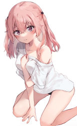 Rule 34 | 1girl, arm between breasts, between breasts, between legs, black panties, blush, breasts, closed mouth, collarbone, embarrassed, hair between eyes, hair ornament, hair over eyes, hair over shoulder, hand between legs, highres, inui sajuna, looking at viewer, medium hair, minikon, off shoulder, oversized clothes, oversized shirt, panties, pink eyes, pink hair, shirt, short twintails, simple background, sitting, small breasts, solo, sono bisque doll wa koi wo suru, twintails, two side up, underwear, wariza, white background