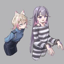 Rule 34 | 2girls, absurdres, animal ears, arms behind back, blonde hair, colored inner hair, cowboy shot, cuffs, dog ears, dog girl, glaring, grey background, grey hair, hair between eyes, hair ornament, handcuffs, highres, hololive, hololive english, koseki bijou, long hair, mococo abyssgard, multicolored hair, multiple girls, nats (d0ughnats), open mouth, police, police uniform, prison clothes, purple eyes, streaked hair, sweat, uniform, very long hair, virtual youtuber, x hair ornament