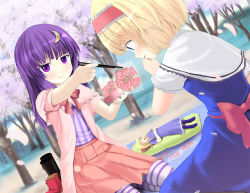 Rule 34 | 2girls, a (aaaaaaaaaaw), alice margatroid, bag, blanket, blonde hair, blue eyes, boots, bread, capelet, cherry blossoms, chopsticks, dress, dutch angle, food, giving, grass, hairband, hanami, hand on own face, lolita hairband, long hair, looking at another, multiple girls, no headwear, outdoors, pantyhose, patchouli knowledge, picnic, purple eyes, purple hair, ribbon, robe, seiza, shanghai doll, shirt, short hair, short sleeves, sitting, skirt, smile, striped clothes, striped legwear, striped pantyhose, striped shirt, touhou, tree, unworn boots
