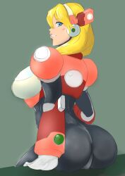 Rule 34 | 1girl, absurdres, alia (mega man), arm support, ass, blonde hair, blue eyes, breasts, from behind, highres, large breasts, looking at viewer, looking back, mega man (series), mega man x (series), parted lips, sideboob, sitting, smile, solo, tk-kun