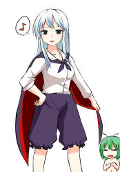 Rule 34 | 2girls, = =, antennae, blue eyes, cape, cosplay, covering privates, covering breasts, green hair, hand on own hip, highres, kamishirasawa keine, long hair, looking at viewer, miyo (ranthath), multiple girls, musical note, no headwear, no headwear, open mouth, quaver, short hair, smile, speech bubble, spoken musical note, tears, touhou, wriggle nightbug, wriggle nightbug (cosplay)