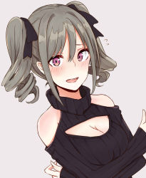 Rule 34 | 10s, 1girl, blush, breasts, cleavage, drill hair, highres, idolmaster, idolmaster cinderella girls, kanzaki ranko, meme attire, off-shoulder, off-shoulder sweater, open-chest sweater, open mouth, red eyes, ribbed sweater, sagusa (link 041), silver hair, solo, sweater, turtleneck, twin drills, twintails