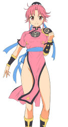 Rule 34 | 1girl, bonza, breasts, china dress, chinese clothes, dragon quest, dress, covered erect nipples, female focus, groin, hand up, highres, looking at viewer, maam, medium breasts, no panties, open mouth, pink dress, pink hair, short sleeves, simple background, solo, standing, white background