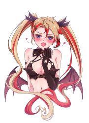 Rule 34 | 1girl, axel syrios, black bra, blonde hair, blue eyes, blush, bra, breasts, cleavage, demon wings, detached collar, e1ctricee1s, elbow gloves, fang, genderswap, genderswap (mtf), gloves, heart, heart in eye, highres, holostars, holostars english, low wings, medium breasts, multicolored hair, solo, streaked hair, symbol in eye, underwear, virtual youtuber, white background, wings