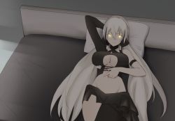 Rule 34 | 1girl, arm behind head, asymmetrical clothes, bed, breasts, cleavage, cleavage cutout, clothing cutout, gaia (girls&#039; frontline), girls&#039; frontline, glowing, glowing eyes, groin, long hair, looking at viewer, low twintails, lying, multicolored hair, navel, on back, on bed, sidelocks, smile, solo, streaked hair, takiyama (maze-724), twintails, underboob cutout, very long hair, white hair, yellow eyes