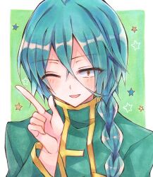 Rule 34 | 1boy, aqua hair, ashe bradley, bluestar iz, blush, border, braid, green background, green jacket, hair between eyes, hand up, index finger raised, jacket, long hair, looking at viewer, male focus, official art, open mouth, painting (medium), single braid, small pupils, smile, solo, star (symbol), traditional media, watercolor (medium), white border, witch&#039;s heart, yellow eyes, yellow trim