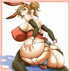 Rule 34 | 1girl, abdg, animal ears, ass, bare shoulders, black thighhighs, blue eyes, breasts, brown hair, covered erect nipples, female focus, fingerless gloves, gloves, huge ass, huge breasts, open mouth, panties, ponytail, rabbit ears, saranaru takami, thighhighs, torn clothes, underwear, watermelon roulette
