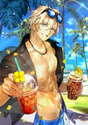 Rule 34 | 1boy, bare pectorals, black shirt, blonde hair, blue eyes, blue swim trunks, drink, eyewear on head, fate/grand order, fate (series), gawain (fate), holding, holding drink, jewelry, male focus, necklace, nipples, official alternate costume, official art, open clothes, open shirt, pectorals, shirt, tropical drink, wada arco