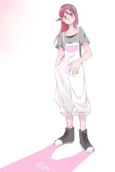 Rule 34 | 1girl, black footwear, blush, character name, closed mouth, colored shadow, commentary request, full body, grey shirt, hair between eyes, hair ornament, hairclip, hand in pocket, highres, kashikaze, long hair, looking at viewer, love live!, love live! sunshine!!, overalls, pink socks, red hair, sakurauchi riko, shadow, shirt, short sleeves, socks, solo, standing, white background, white overalls, yellow eyes