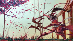 Rule 34 | 1girl, absurdres, akali, akali (legacy), bamboo, blood, blood moon akali, brown hair, dual wielding, fighting stance, highres, holding, league of legends, long hair, mask, ponytail, solo, very long hair, youguang liangliang