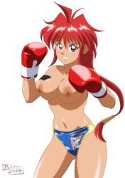 Rule 34 | 1girl, ayane-chan high kick!, boxing, boxing gloves, breasts, butcherstudios, fighting stance, gloves, highres, large breasts, long hair, mitsui ayane, nipples, nude, red boxing gloves, red eyes, red hair