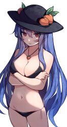 Rule 34 | 1girl, bikini, black bikini, black headwear, blue hair, breasts, chiroru (cheese-roll), cleavage, closed mouth, commentary, crossed arms, food, fruit, groin, highres, hinanawi tenshi, jewelry, large breasts, leaf, long hair, looking at viewer, navel, peach, pendant, red eyes, sidelocks, simple background, solo, swimsuit, touhou, white background
