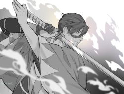 Rule 34 | 1boy, ahoge, blurry, blurry foreground, closed mouth, fate/grand order, fate (series), fighting stance, gloves, greyscale, hair between eyes, hair pulled back, haori, holding, holding sword, holding weapon, japanese clothes, katana, kimono, looking ahead, male focus, monochrome, n oel, partially fingerless gloves, profile, purple eyes, serious, shinsengumi, short hair, smoke, solo, spot color, sword, upper body, weapon, white background, yamanami keisuke (fate)