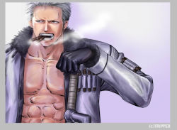 Rule 34 | 1boy, abs, border, cigar, fur trim, gloves, jacket, male focus, muscular, one piece, open clothes, open jacket, simple background, smoke, smoker (one piece), smoking, solo, weapon, white hair