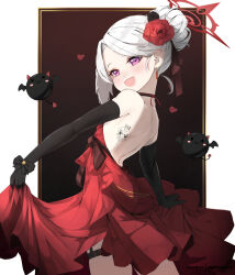 Rule 34 | 1girl, back, back tattoo, black gloves, blue archive, blush, cowboy shot, dress, elbow gloves, flower, gloves, hair flower, hair ornament, halo, heart, highres, long hair, mutsuki (blue archive), open mouth, pink eyes, red dress, red flower, red halo, smile, solo, sonaworld, tattoo, thigh strap, white hair