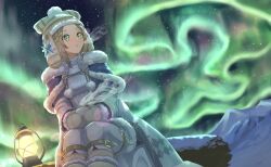 Rule 34 | 1girl, atelier (series), atelier firis, atyao-299, aurora, blush, breath, capelet, cup, firis mistlud, fur-trimmed capelet, fur-trimmed headwear, fur-trimmed mittens, fur trim, green eyes, highres, holding, holding cup, kerosene lamp, light brown hair, long sleeves, looking to the side, mittens, night, official alternate costume, open mouth, outdoors, sitting, sky, solo, winter, winter clothes
