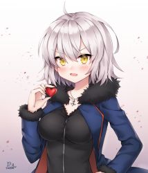 Rule 34 | 1girl, ahoge, artist name, blush, breasts, fate/grand order, fate (series), fleur-de-lis, gradient background, heart, jeanne d&#039;arc (fate), jeanne d&#039;arc alter (fate), jeanne d&#039;arc alter (ver. shinjuku 1999) (fate), jewelry, looking at viewer, medium breasts, necklace, official alternate costume, open mouth, pong (vndn124), short hair, silver hair, solo, upper body, wicked dragon witch ver. shinjuku 1999, yellow eyes