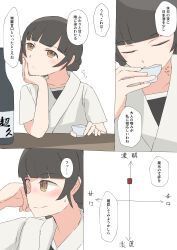 Rule 34 | 1girl, absurdres, blunt bangs, bottle, braid, brown eyes, choko (cup), comic, commentary request, cup, double bun, dougi, drinking, hair bun, hand on own chin, highres, kantai collection, long hair, sake bottle, solo, toplow, translation request, twin braids, un&#039;you (kancolle), yawata maru (kancolle)