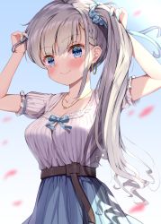 Rule 34 | 1girl, belt, blue eyes, blue nails, blue skirt, blush, braid, breasts, casual, cleavage, closed mouth, collarbone, day, earrings, fingernails, frilled sleeves, frills, grey shirt, hair ornament, hair scrunchie, highres, hisakawa hayate, hoop earrings, idolmaster, idolmaster cinderella girls, jewelry, long fingernails, long hair, looking at viewer, medium breasts, nail polish, necklace, outdoors, petals, scrunchie, shirt, short sleeves, side ponytail, silver hair, skirt, smile, solo, striped clothes, striped shirt, sunlight, teeth, tudon (donut), upper teeth only, vertical-striped clothes, vertical-striped shirt, very long hair